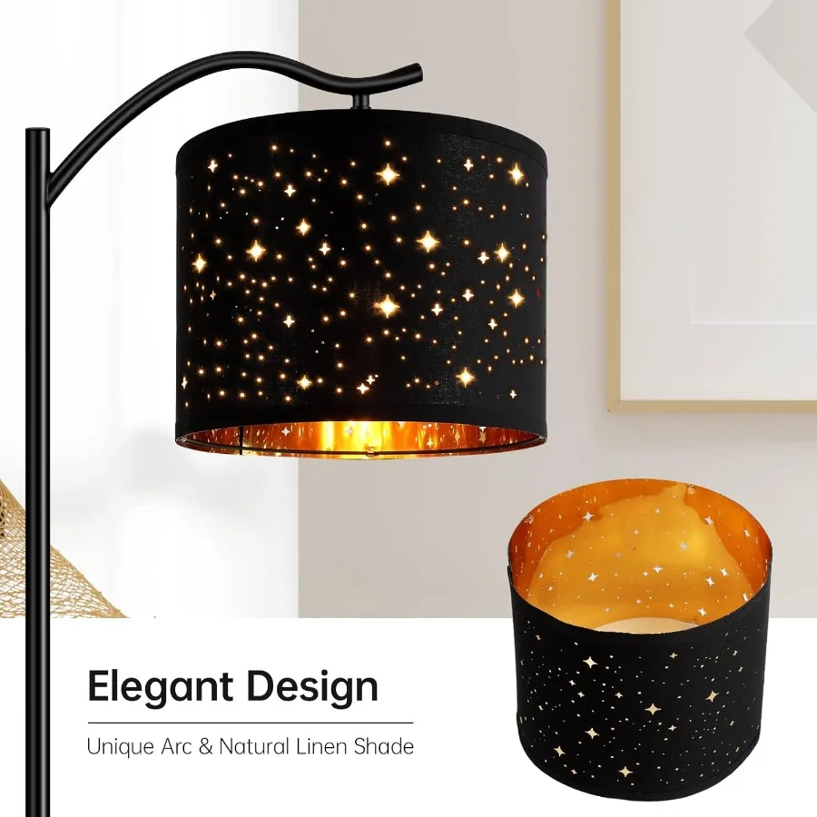 โคมไฟตั้งพื้นสไตล์โมเดิร์นพร้อมโป๊ะผ้าลินินสไตล์โบฮีเมียนสำหรับห้องนั่งเล่น ห้องนอน และสำนักงาน ขั้วหลอดไฟ E26 ควบคุมด้วยสวิตช์เท้า สีดำ ขนาดกลาง