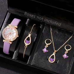 5PCS Set Women Fashion Quartz Watch Female Clock Pink Butterfly Dial Luxury Brand Design Ladies Leather Wrist Watch Montre Femme