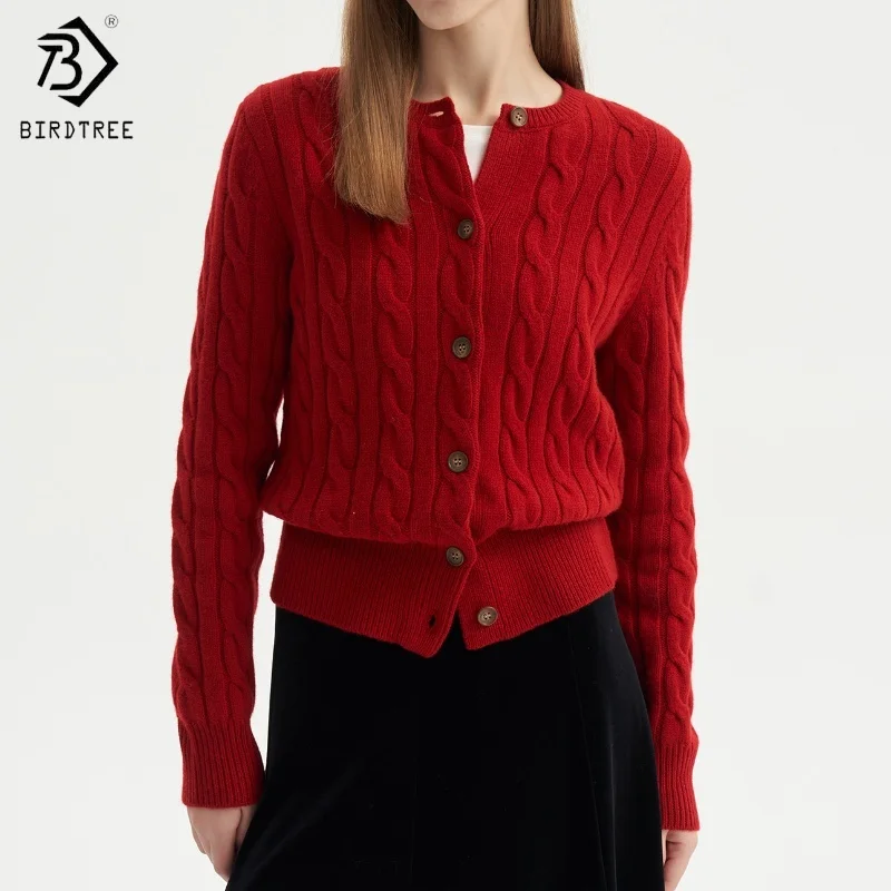 

Birdtree, витой вязаный кардиган из 100% овечьей шерсти, женское однобортное теплое пальто с круглым вырезом, осенне-зимний свитер 2025 T5O541JF