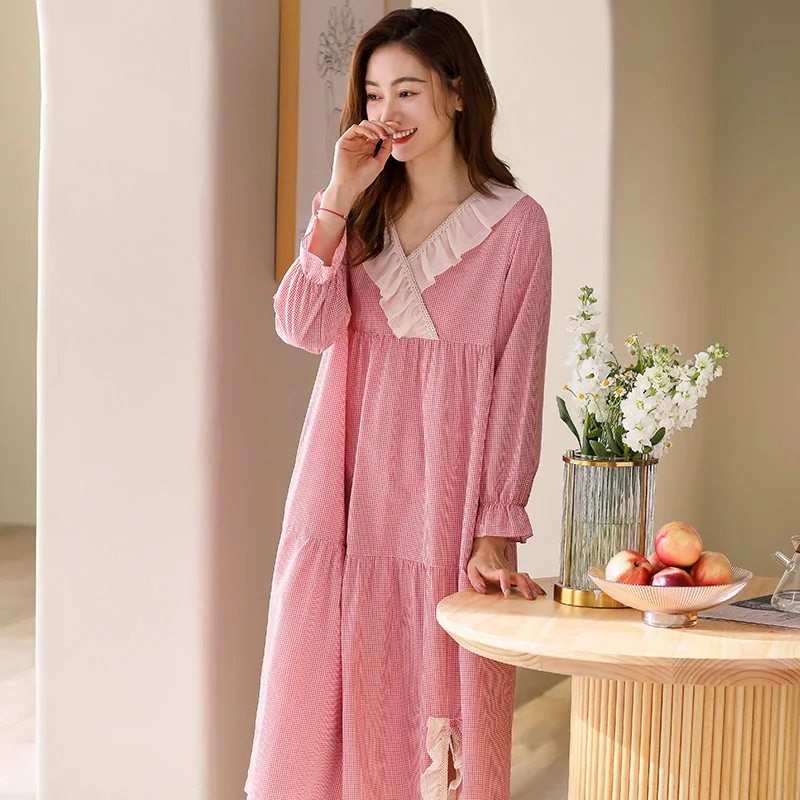 

Lace V-Neck Ruffle Nightgown Woven Cotton Sleepwear Cute Princess Long Nightdress Long Sleeve Vintage Nightwear Casual Nighty3XL