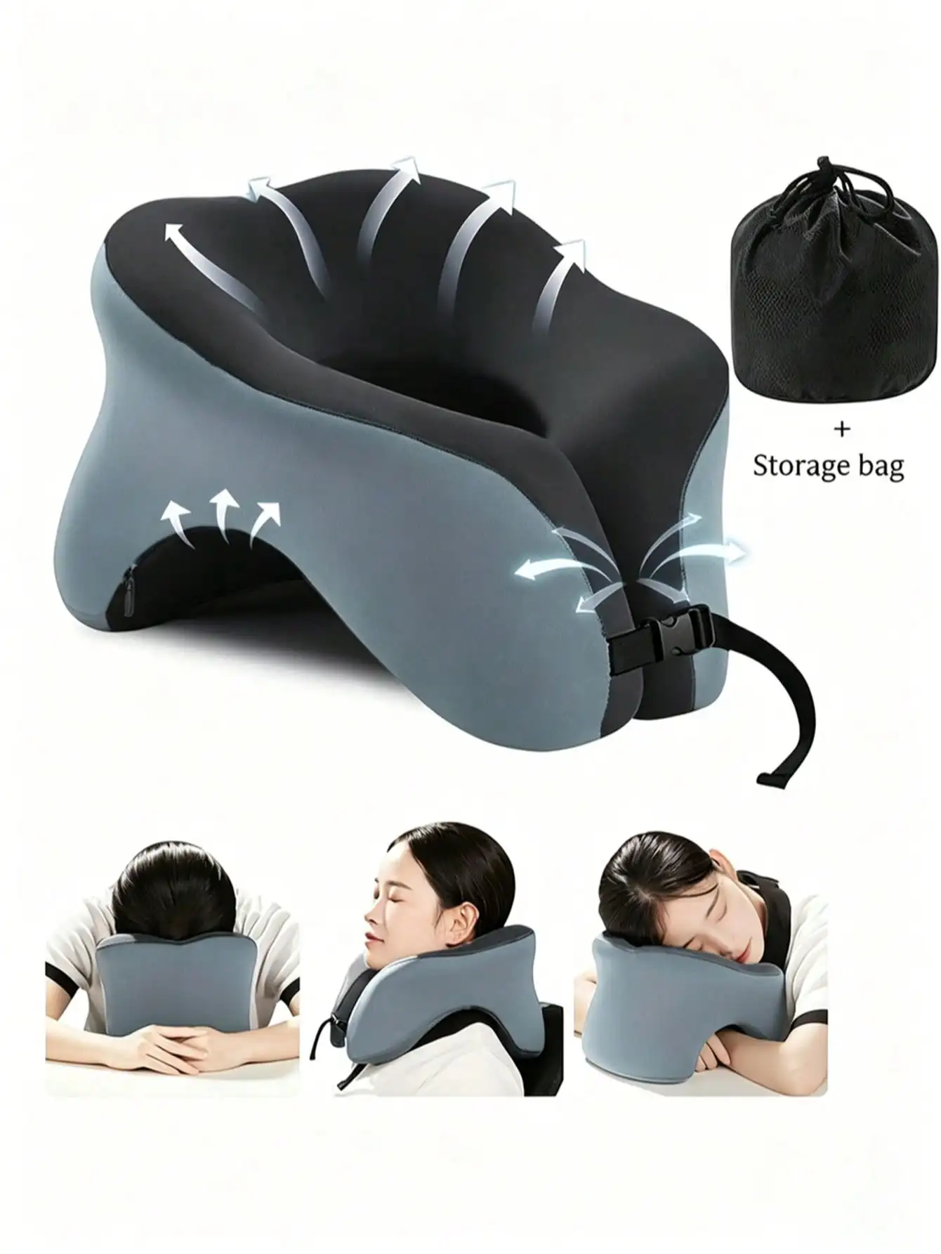 360° Head Support Memory Foam 2-In-1 Neck Pillow, With Storage Bag, Adjustable Buckle, Suitable For Travel, Home, Office And Gaming