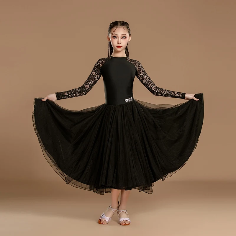 2025 ใหม่มาตรฐานแห่งชาติเต้นรําเสื้อผ้าสําหรับสาวลูกไม้สีดําบอดี้สูท Big Swing กระโปรงบอลรูมเต้นรําเครื่องแต่งกาย DN20360