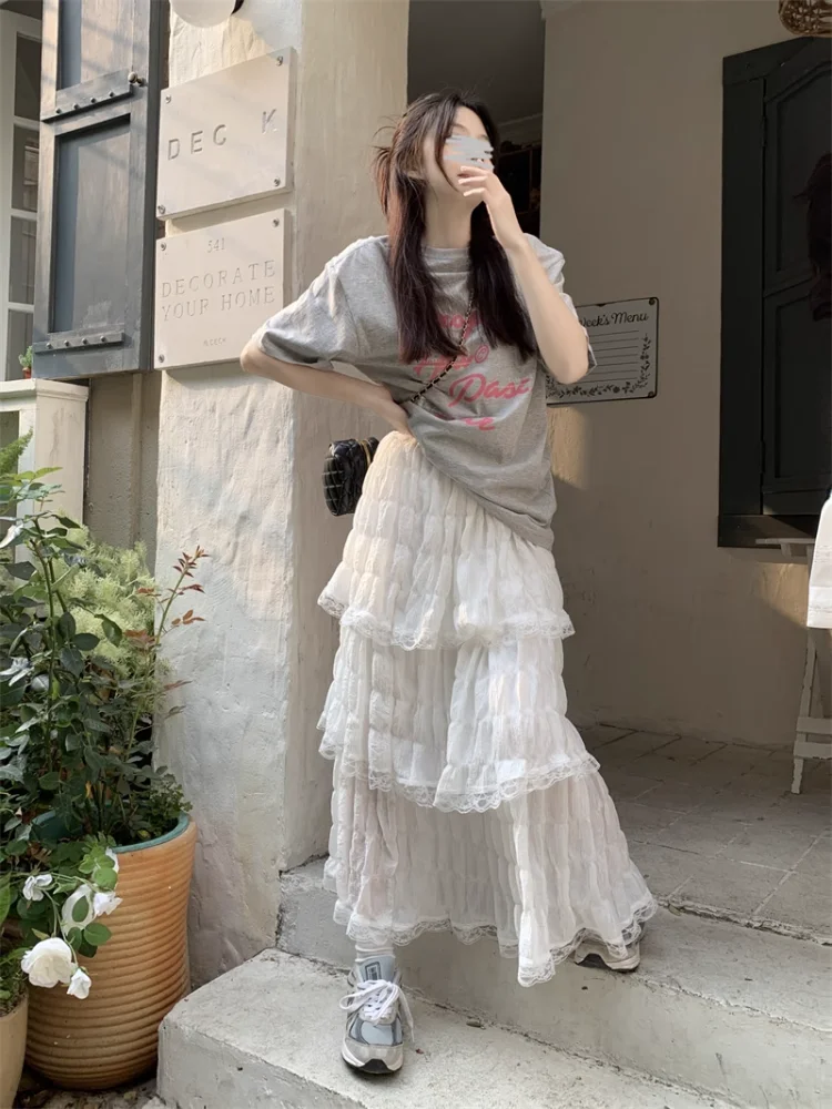 Korobov White Gauze Half Skirt Women Summer New French Vintage Cake Skirt High Waist A-line MIDI Skirt Korean Fashion Faldas