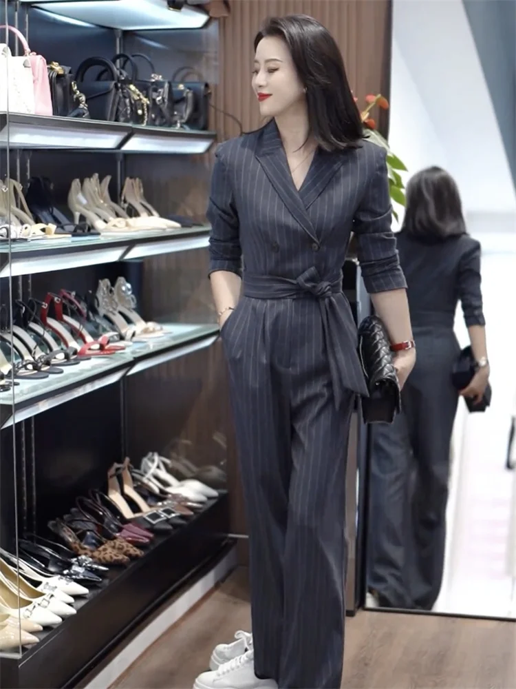 

Облегающий комбинезон в полоску, модные брюки с высокой талией, женская одежда, новинка ранней осени, стильный уличный образ...