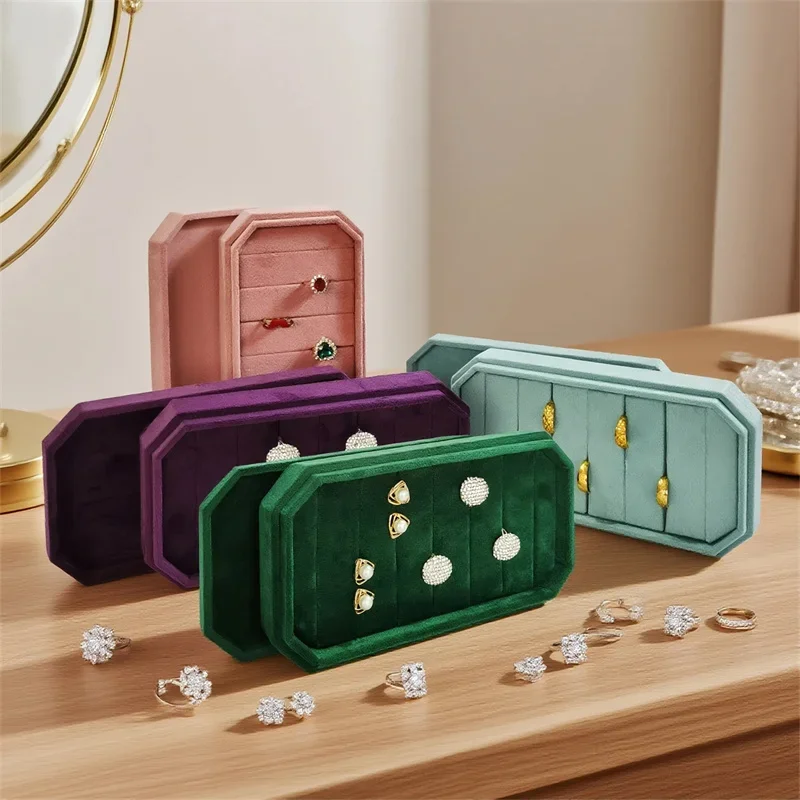 

Octagonal Ring Storage Box with Dust Cover Stud Earrings Pendant Earrings Jewelry Display Tray Smooth Velvet Jewelry Display Box