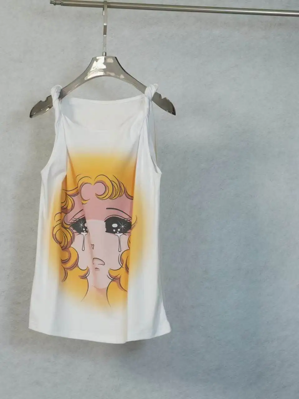 Summer New Cute Casual Style Cry Girl Print Knot Vest Women's Strap Top Trendy round Neck Loose Fit Outerwear Regular Length