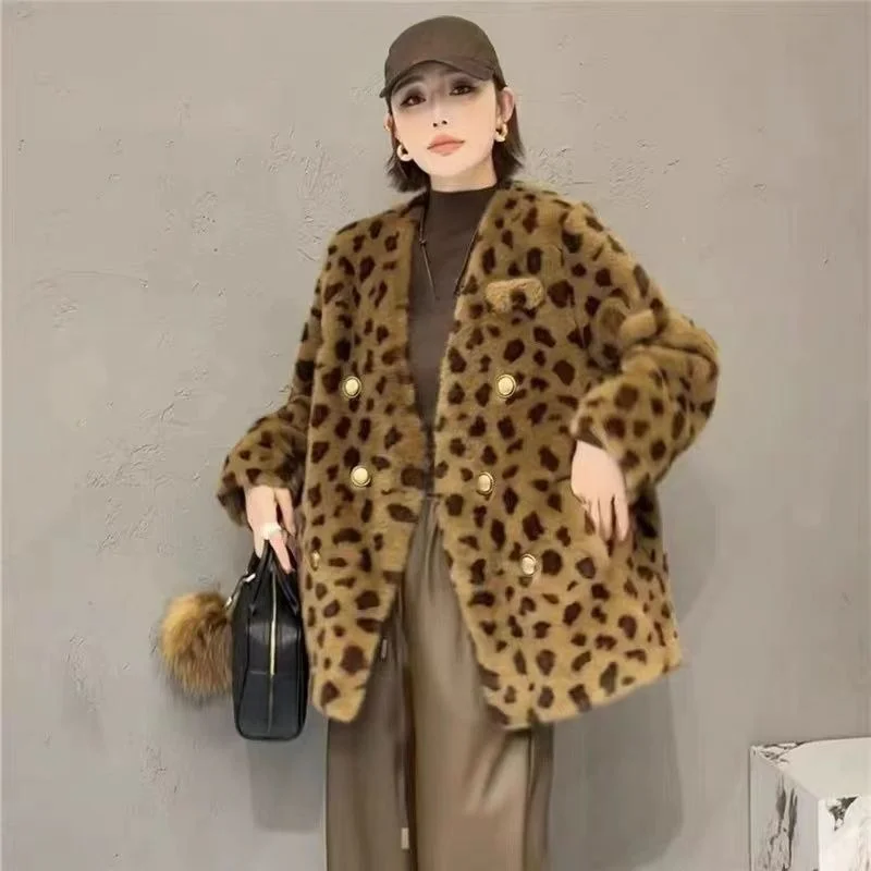 Maillard Leopard Print Imitation Fur Loose Winter 2024 New Fashion New Fur One Long Sleeve Coat Sports and Leisure Comfortable