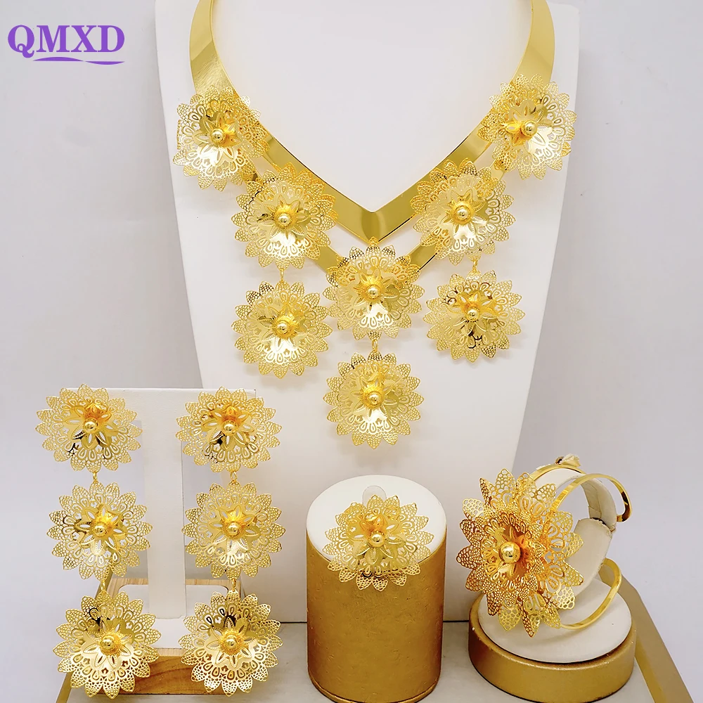 

Luxury Indian Dubai Gold Color Plated Flower Big Necklace Earrings Jewellery Sets Unique Pendant Sets For Women Wedding Gifts