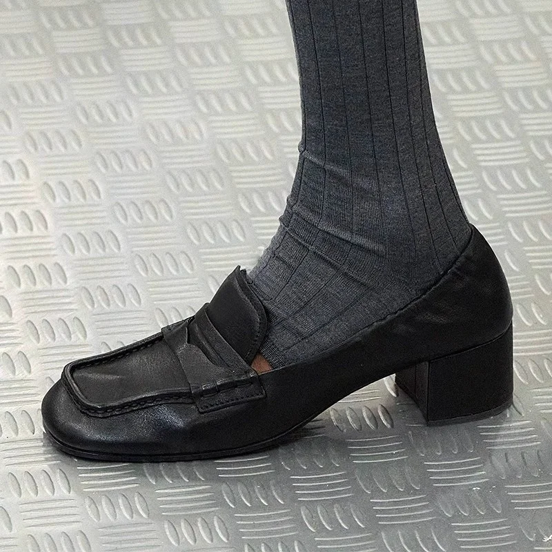 

2025 Spring New Women's Leather Loafers Square Toe Thick Heel Black Classic Slip-On Retro Casual Ladies Shallow Single Shoes