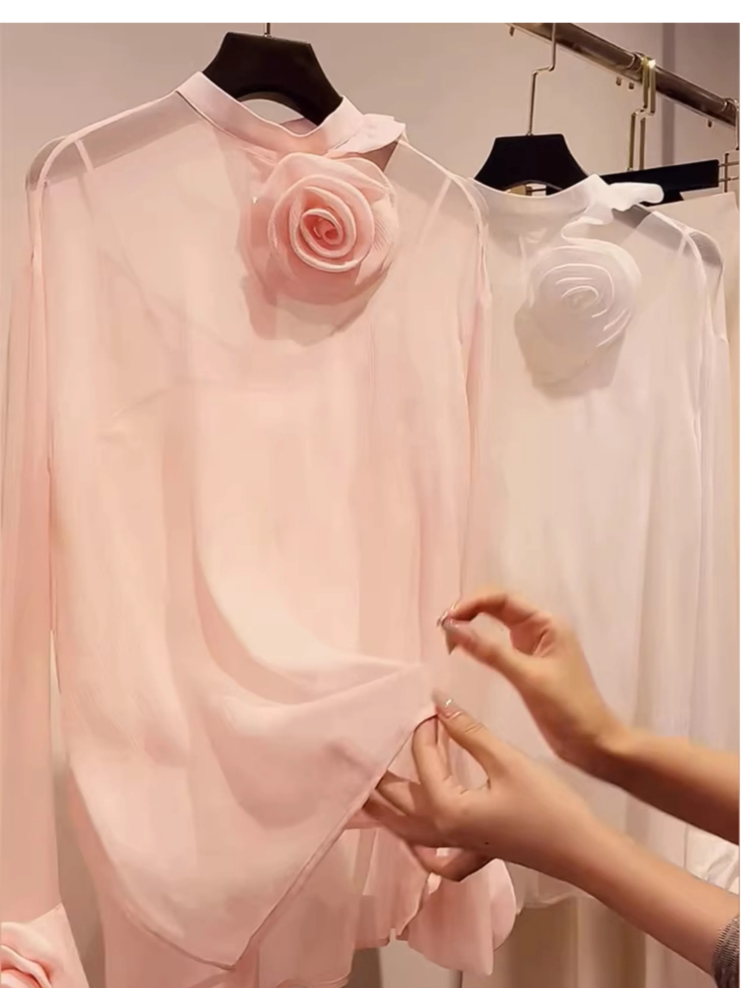 Blusa rosa para mujer, Top de dos piezas con chaleco 3D, flores tridimensionales, camisa fina transparente de manga larga 2025, primavera 49917