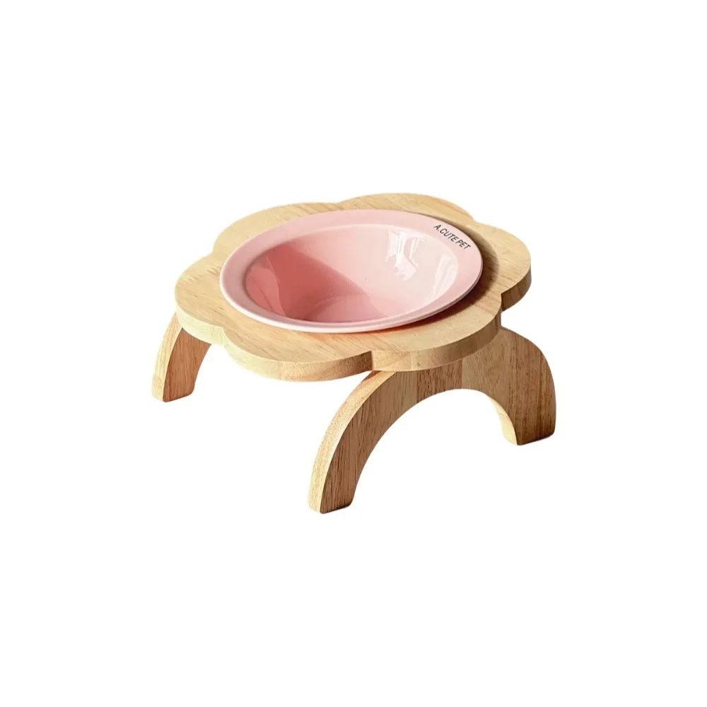 Ceramic Flower Shaped Pet Bowl Non-Slip Anti-Spill Raised Cat Food Bowl with Wooden Stand Detachable Elevated Cat Bowl