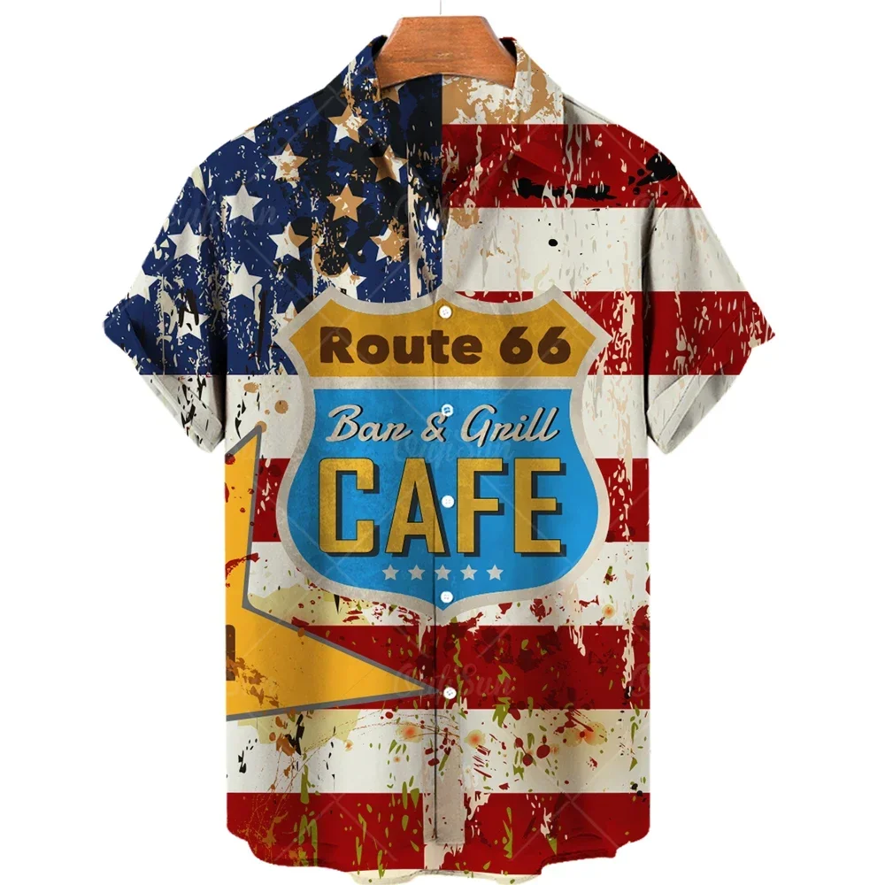 

2022 summer route 66 vintage shirt American flag 3d print Hawaiian breathable short sleeve lapel men