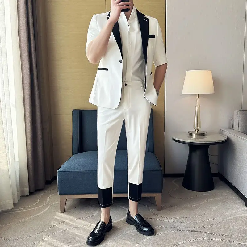 

British style three-quarter sleeve suit men's suit thin summer fashion slim handsome high-end casual suit two-piece suit