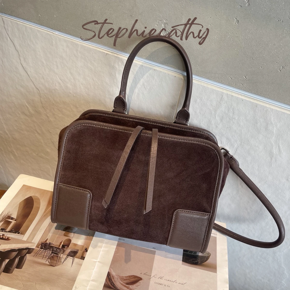 SC Winter Luxury Soft Nubuck College Small Square Top Handle Bag Retro Genuine Leather Single Shoulder Bag Comfortable Compact