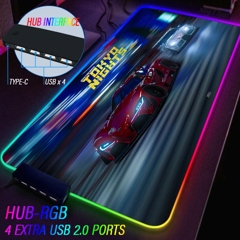 Custom Anime Hub 4 IN 1 USB Mouse Pad RGB NFS Luminous Rug Wide Huge LED Backlight Desk Mat PC Accessories Carpet