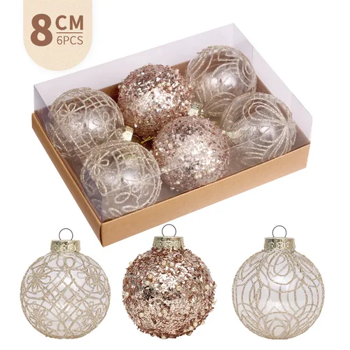 Imagen 1 del producto Bolas decorativas para árbol de Navidad, 8CM/6 Uds., decoraciones navideñas de lujo DIY, bolas de Navidad con purpurina con patrón de flores doradas transparentes