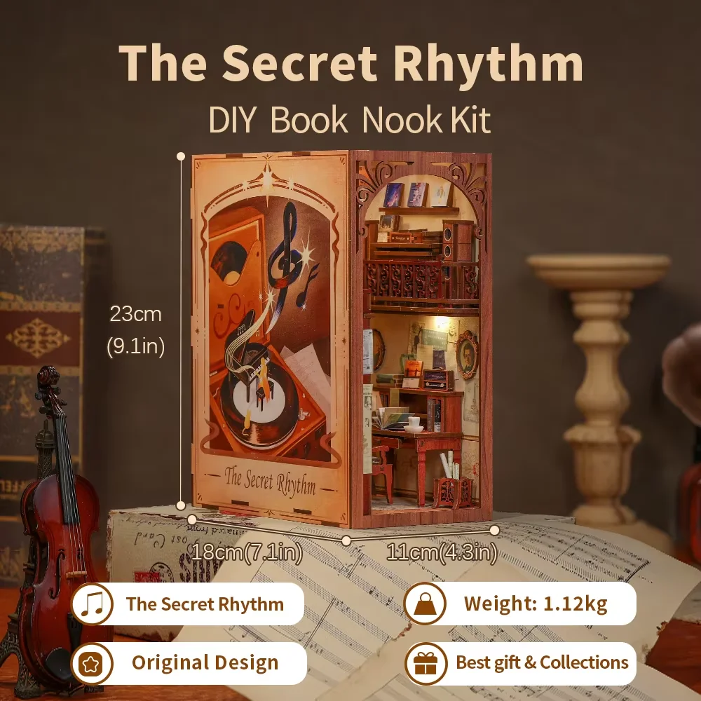 

CUTEBEE Puzzle 3D DIY Book Nook Kit Wooden Bookend with Touch Light Secret Rhythm Music Booknook Building Decoration Model Gift