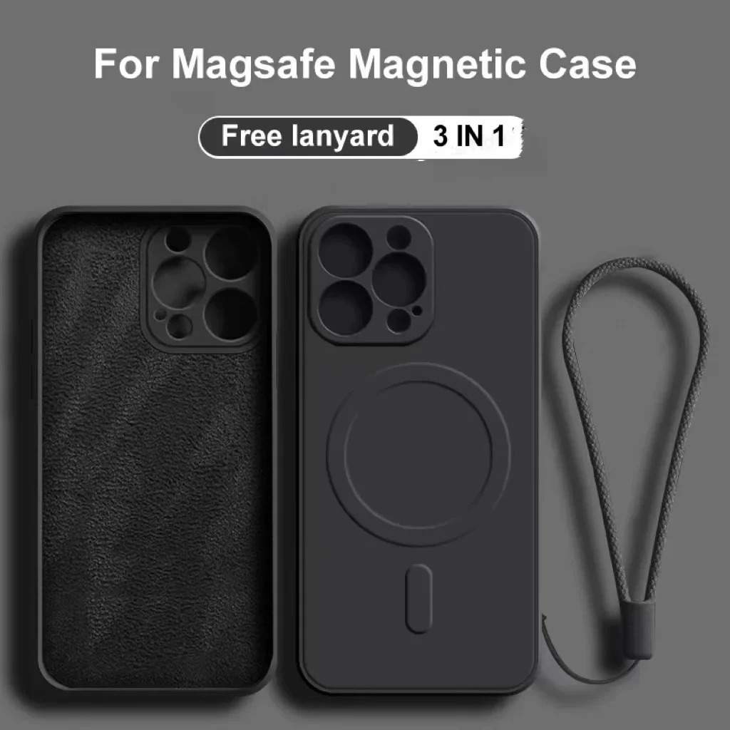 

For Magsafe Magnetic Wireless Charge Case For iPhone 15 14 13 11 12 Pro Max Mini XR XS 15 Plus Liquid Silicone Wrist Strap Cover