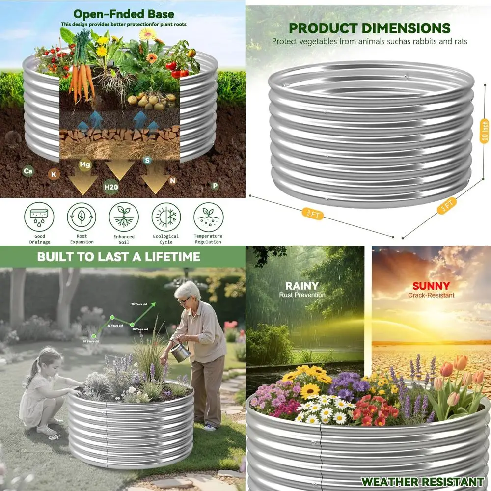 

Set of 4 3x3FT Galvanized Steel Round Raised Garden Beds for Outdoor Vegetable and Flower Gardening