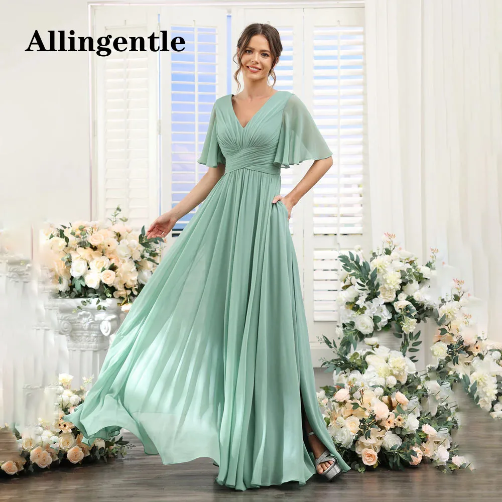 Sage Green A-Line Ruched V-Neck Evening Party Gowns Short Sleeves Split Side Chiffon Bridesmaid Dresses with Pockets Customized