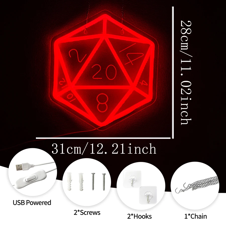 Dice USB Powered Neon Sign, LED Wall Light Hanging Decor for Man Cave Game Room Bedroom Board Game Cafe Bar  Party Gift