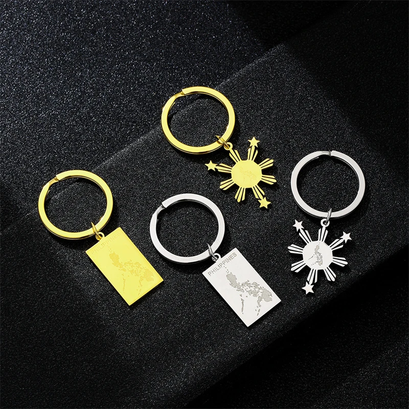 Trendy Philippines Map Flag Keychain for Men Women Stainless Steel Pendant Key Chain Gold Color Pilipinas Amulet Accessory Gifts