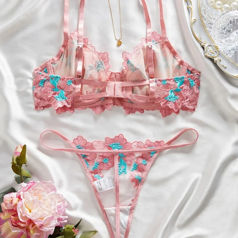 الوردي الأزهار ينغيرييس مثير الساخن بقماش شفاف التطريز الصدرية وجيزة الملابس الداخلية النسائية رغبة نقية العشير انظر من خلال الملابس الداخلية