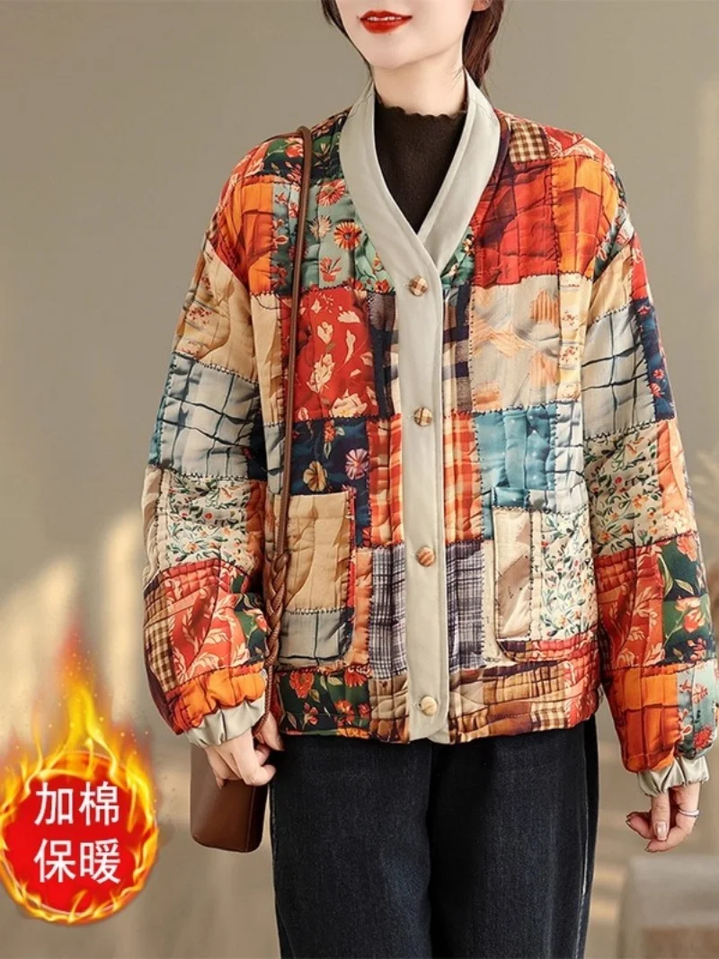 

Хлопково-льняная куртка в стиле ретро, стеганая одежда для женщин, осень-зима 2025, свободное и плотное свободное пальто с v-образным вырезом и принтом w899