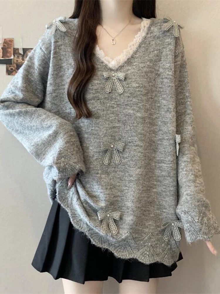 

Свободный вязаный свитер с длинными рукавами и кружевным V-образным вырезом для женщин, осенне-зимний, больших размеров, с узлом, в корейском стиле, для повседневной носки