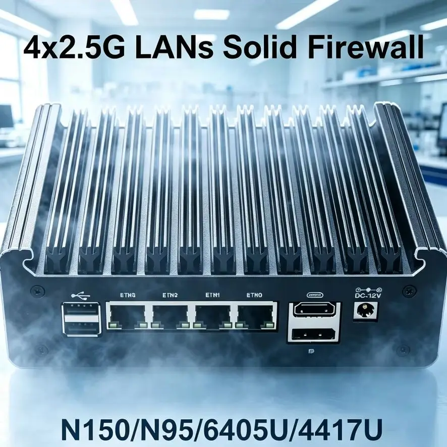 

Mini 4*2.5G LANs Solid Fanless Firewall Mini PC Intel N150 N95 Pentium 6405U 4417U Home Server DDR4 NVMe Type-C pfSense OPNsense
