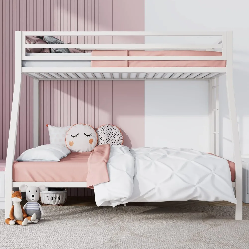 Metal Bunk Bed Twin Over Full Size with Removable Stairs, Heavy Duty Sturdy Frame with 12