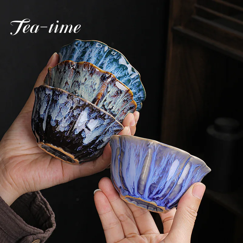 1PCS Ceramic Tea Cup Kiln Change China Temmoku Glaze Porcelain Kung Fu Cups Pottery Drinkware Tableware Water Mug Gift Wholesale