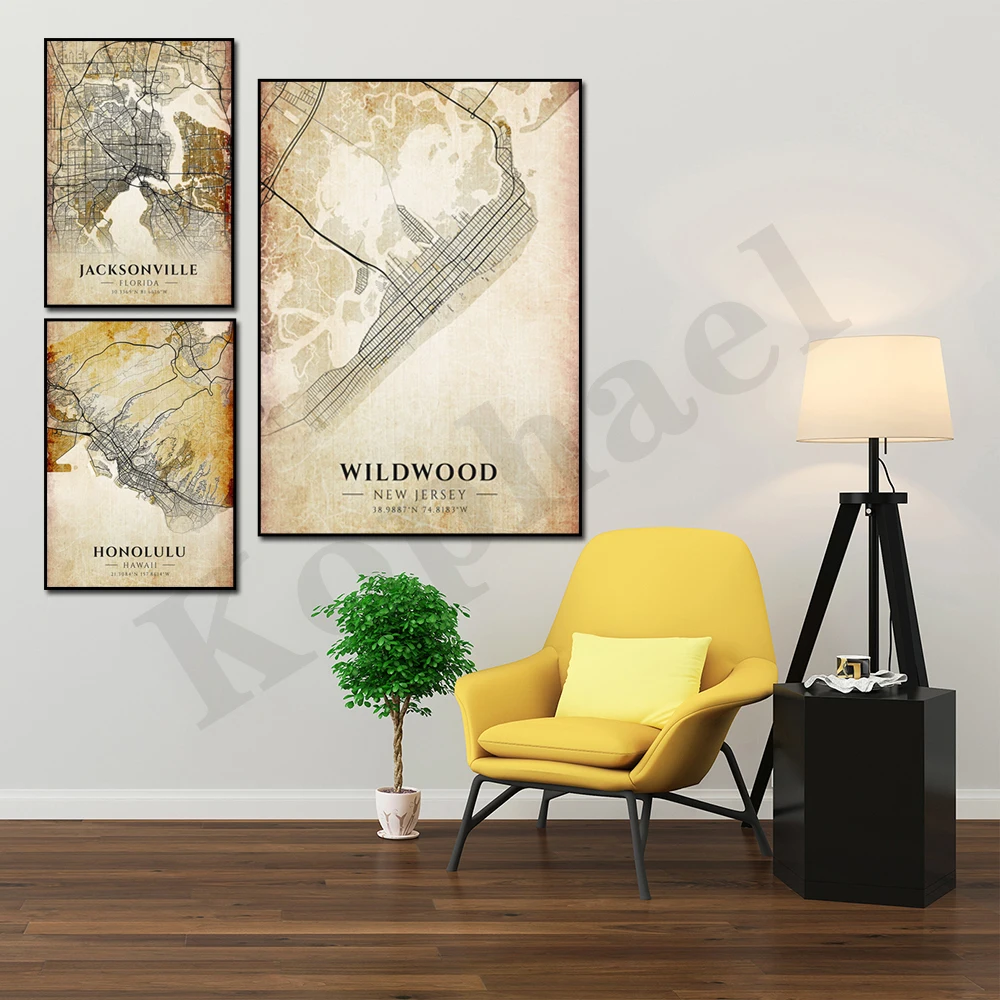 Jacksonville Houston Honolulu Tucson Fresno Indianápolis Wildwood Wilmington. Mapa da cidade. Pintura em tela de arte para decoração de parede de casa