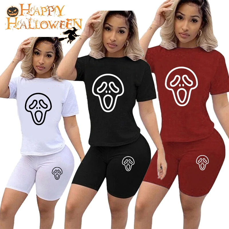 halloween Pattern Women Shorts Sets Sexy Skinny Short Sleeve 2 Piece Outfits Summer Tracksuit Jogging Shorts Suits