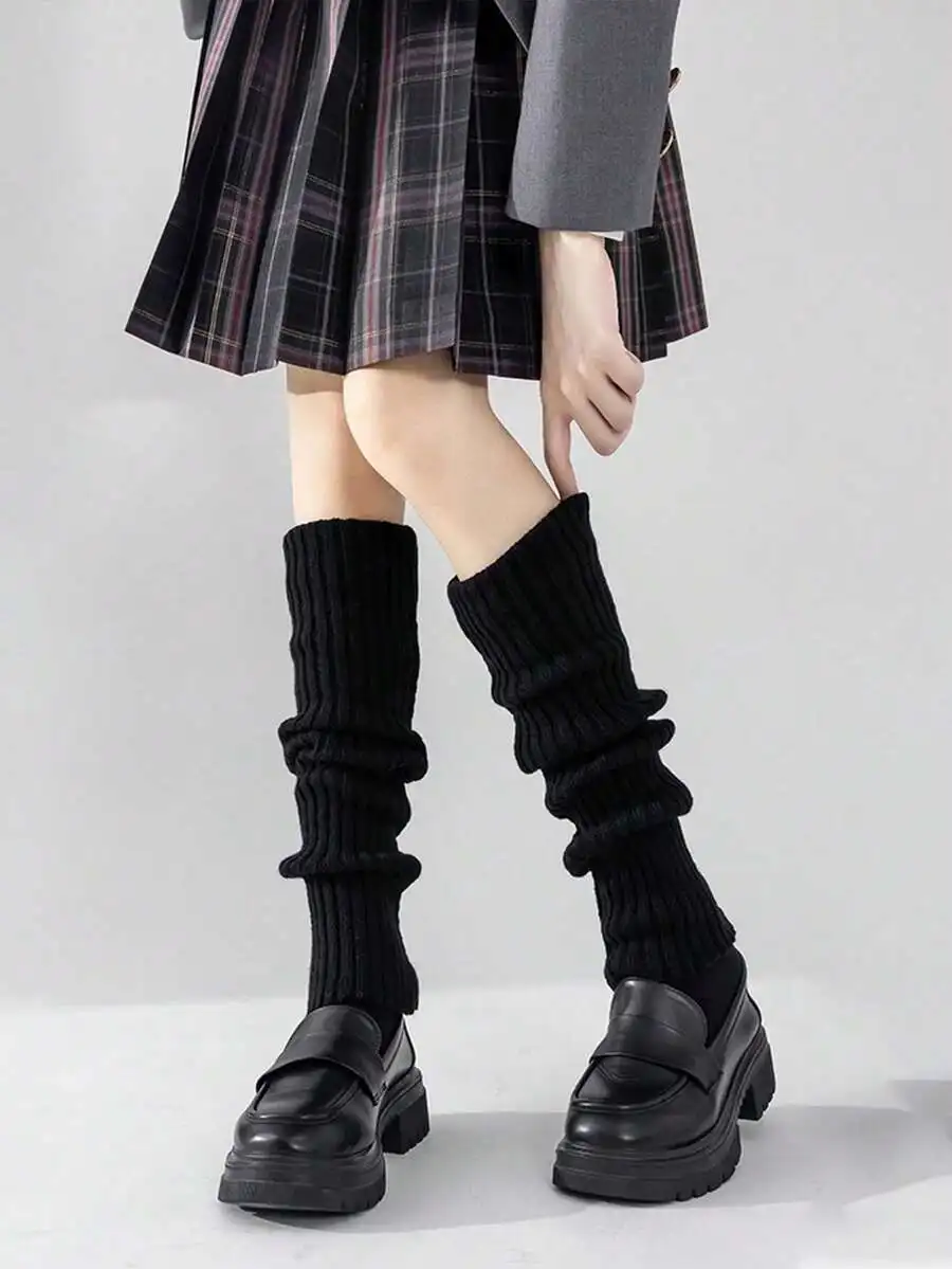 Womens Black Knitted Over-The-Knee Leg Warmers Y2K Style Warm Casual Wear