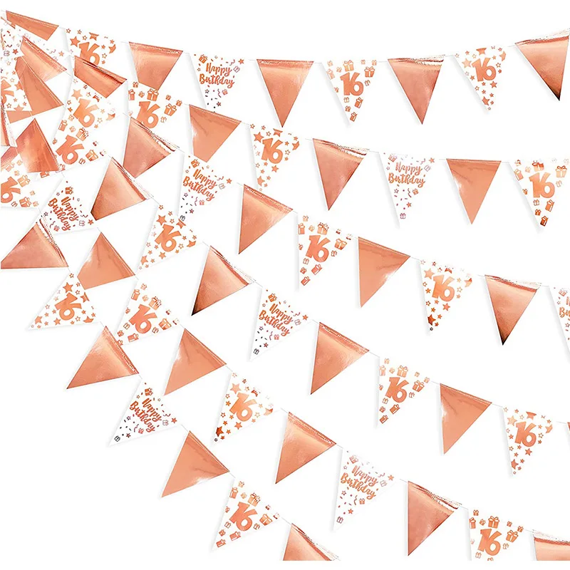 

Foil Rose Gold Sweet 16 Happy 16th Birthday Banner Paper Bunting Triangle Flag Garlands Hanging Girls 16st Birthday Decorations