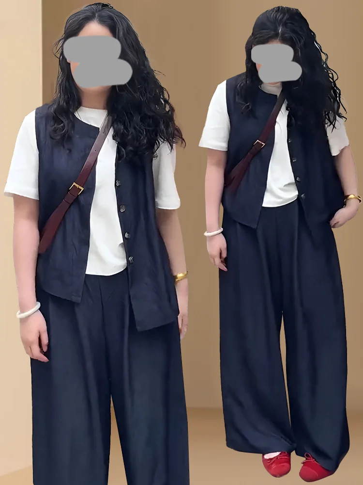

plus Size Women's Fashionable Three-Piece Set Summer Simple Match T-Shirt Top Wide Leg Pants Korean Style Inner Wear Cardigan