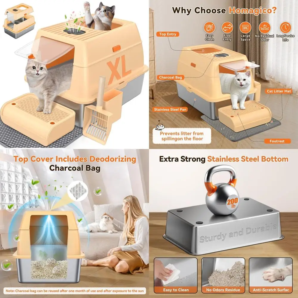 

Extra Large Rust-Resistant Covered Cat Litter Box with Odor Control and Litter Mat, 37L Beige