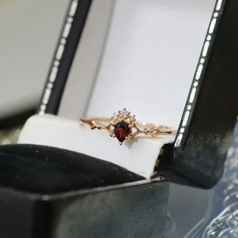 S925 Sterling Silver Gold Plated Natural Garnet Gothic Ring Japanese Style Women Hypoallergenic Artisan Luxury Boho Unique Craft