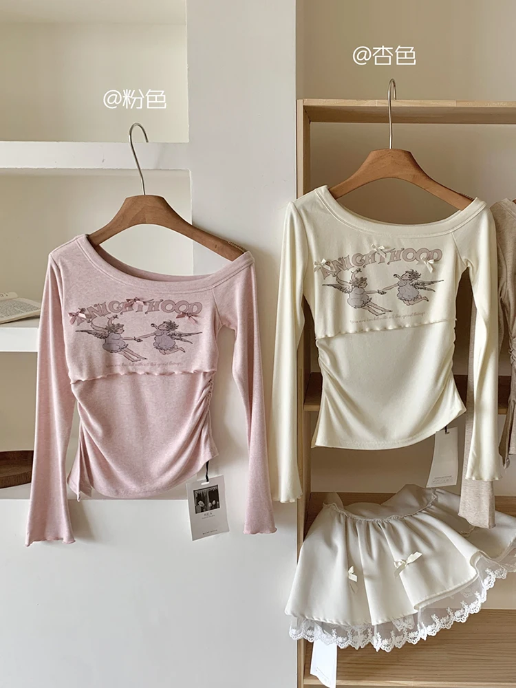 Fall Winter Women Korean Fashion 2000s Aesthetic Shoujo Girl Crop Top Cute Core T-Shirts Long Sleeve Tees Coquette Print Gyaru