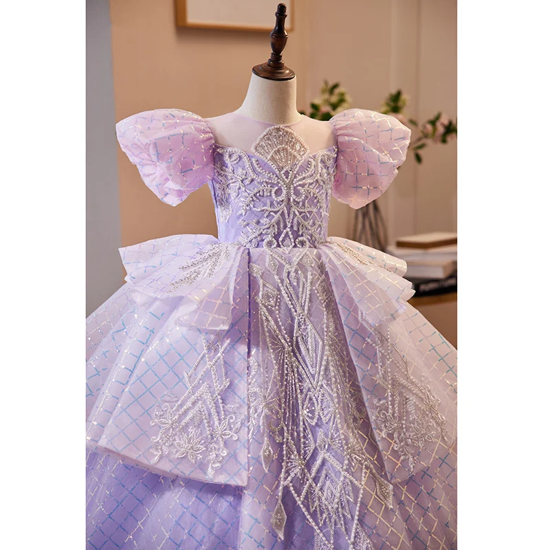 Girl Kid Purple Floor-Length Tulle Dress Exquisite Princess Puff Sleeve Sequin Layered Dresses Chiffon Beading Lace-Up Vestidos