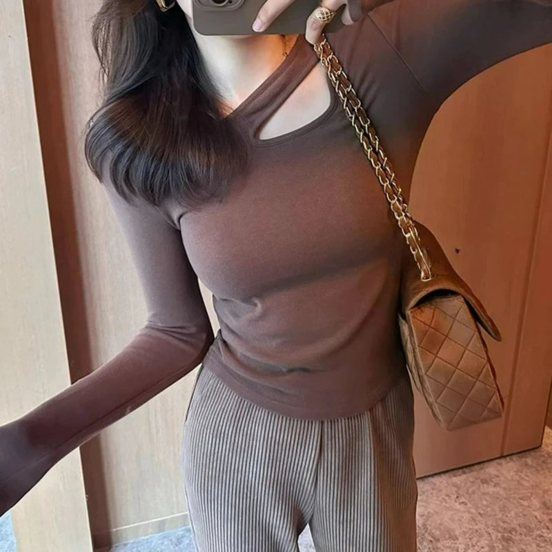 Damska warstwa bazowa o dużej wielkości dla osób o wadze 40-136 kg, ciepła, ocieplana warstwa wewnętrzna na jesień i zimę 2026, bluzka z długim rękawem i wycięciem.