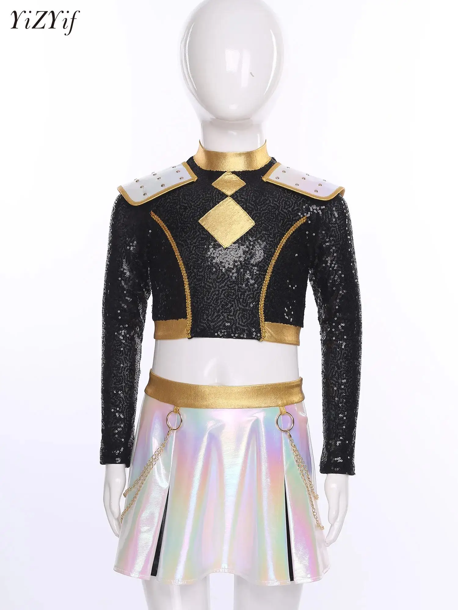 

Kids Girls Popular Singer Halloween Golden Stage Outfit Sequin Crop Metallic Cami Top and Shorts/Skirt Set Demon Inspired Singer
