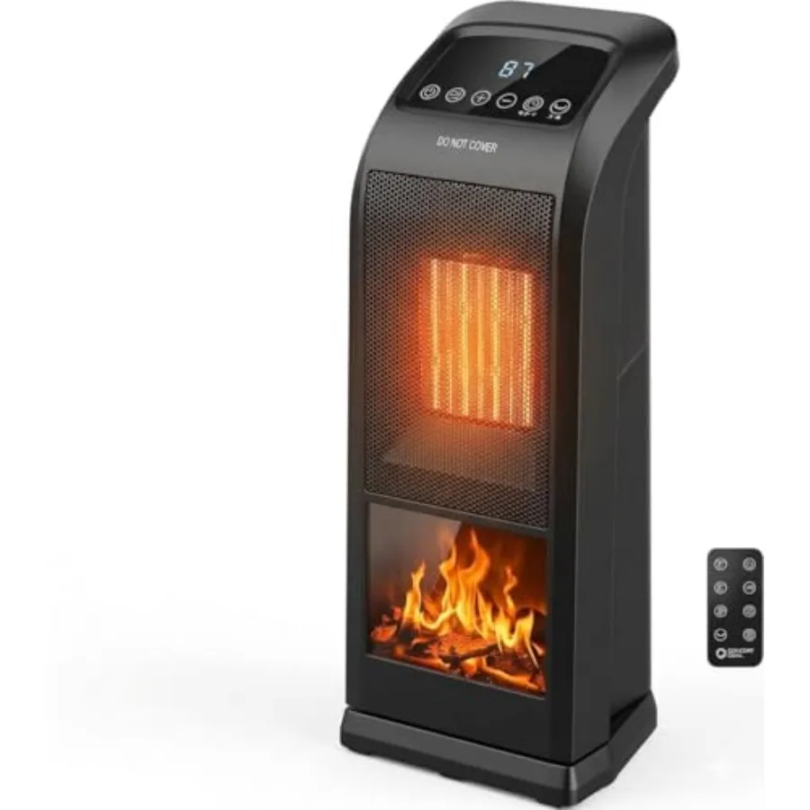 

18-Inch Oscillating Tower Space Heater with 3D Flame Effect 1500W High Velocity Ceramic Heater Digital Thermostat 24H Timer Rem