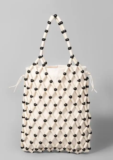 Handmade Woven Bag with Hollowed Out Wooden Beads Handbag Women Summer Portable Bucket Drawstring Fashion Beach Tote