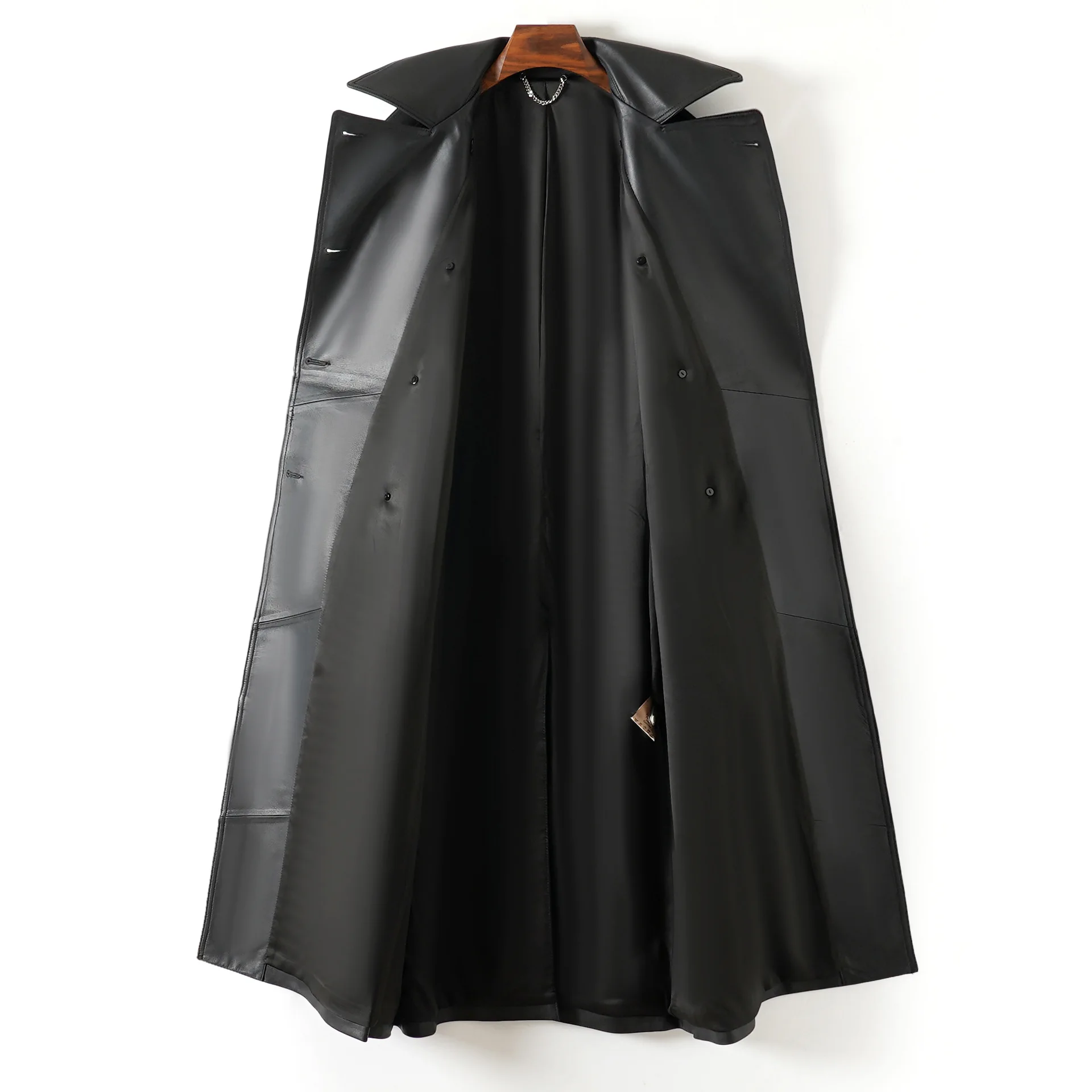 Manteau long en cuir pour femme, véritable cuir d'agneau, col à revers, double boutonnage, coupe ajustée, avec ceinture longue, collection automne/hiver