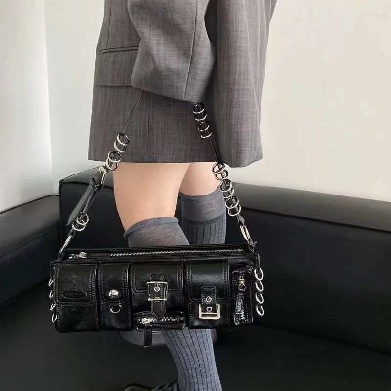 Niche design sweet and cool girl style armpit bag long multipocket ring biker bag fashionable and versatile shoulder bag handbag