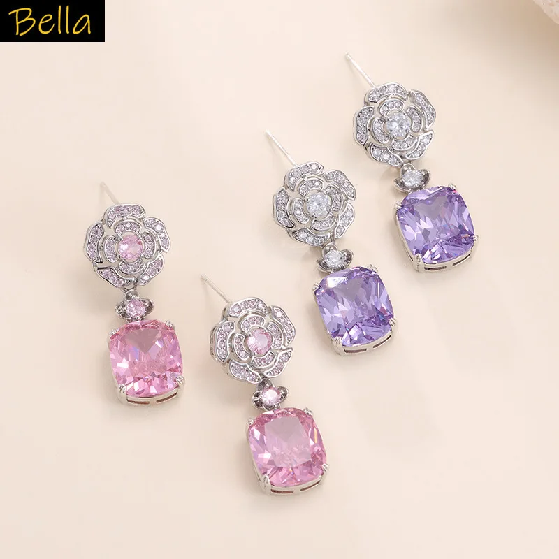 

silver color flower earrings for women sweet jewelry purple pink square block drop earrings daily wear party zirconia jewelry