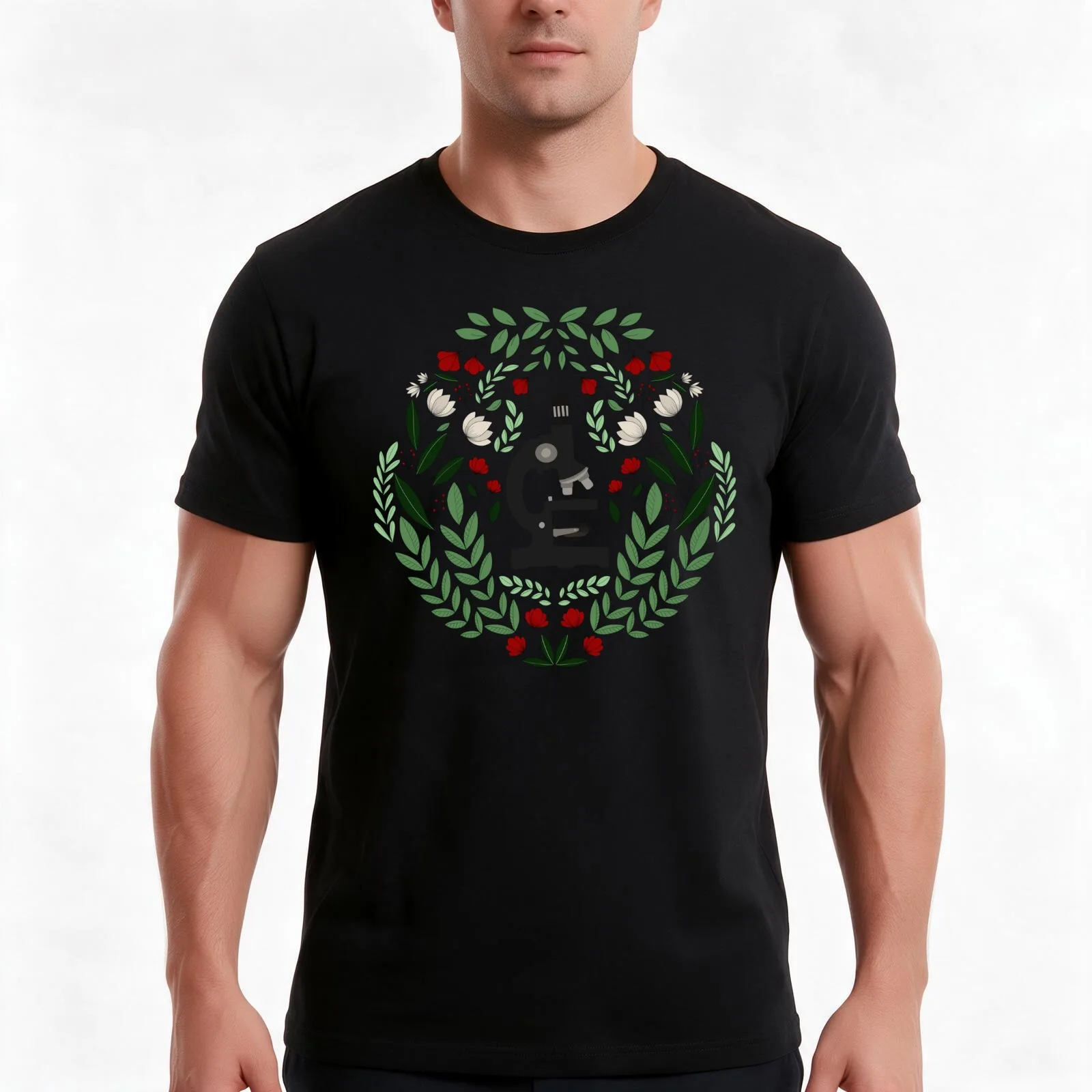 Folk Christmas Microscope T-Shirt, Summer Casual Cotton Tee, Oversized Streetwear Tops, Vintage Graphic Print, Unisex Men Women