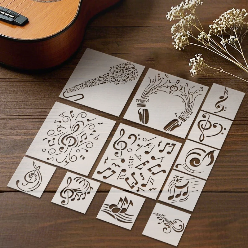 YOMDID 12pcs Music Notes Series PET Cutout Painting Templates Reusable DIY Music Symbols Airbrush Graffiti Decorative Stencils
